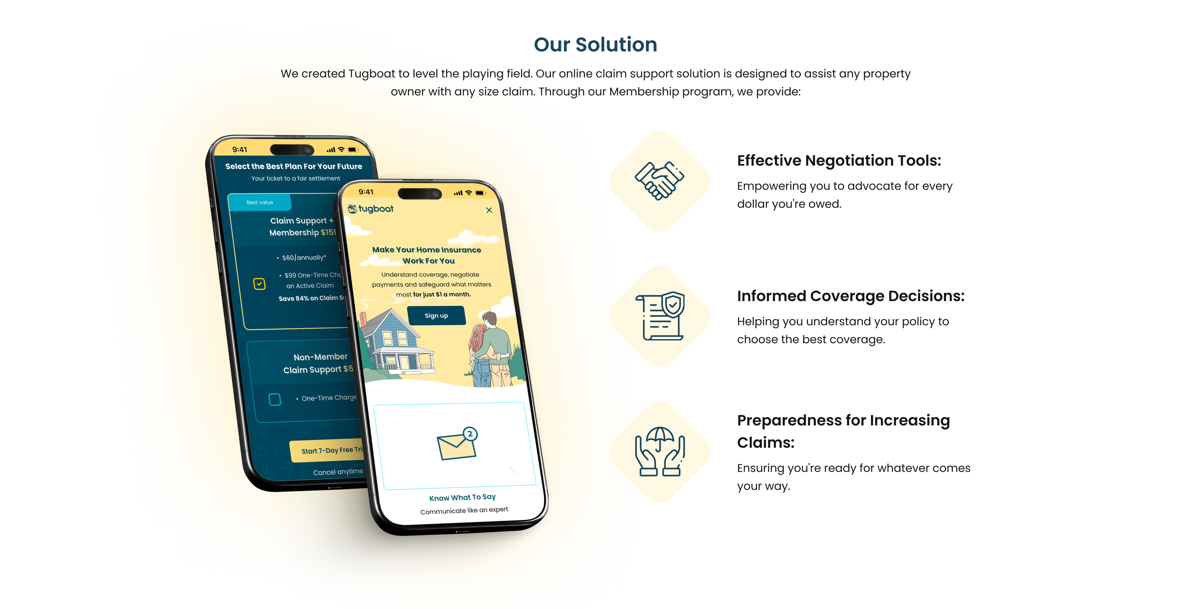 Our Solution - We created Tugboat to level the playing field. Our online claim support solution is designed to assist any property owner with any size claim. Through our Membership program, we provide: Effective Negotiation Tools: Empowering you to advocate for every dollar you're owed. Informed Coverage Decisions: Helping you understand your policy to choose the best coverage. Preparedness for Increasing Claims: Ensuring you're ready for whatever comes your way.